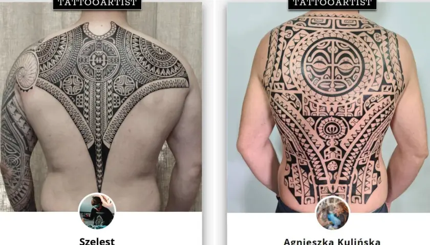 Plecy mężczyzny pokryte skomplikowanym, czarnym tatuażem w stylu plemiennym. Wzory obejmują całe plecy i sięgają na ramię.
