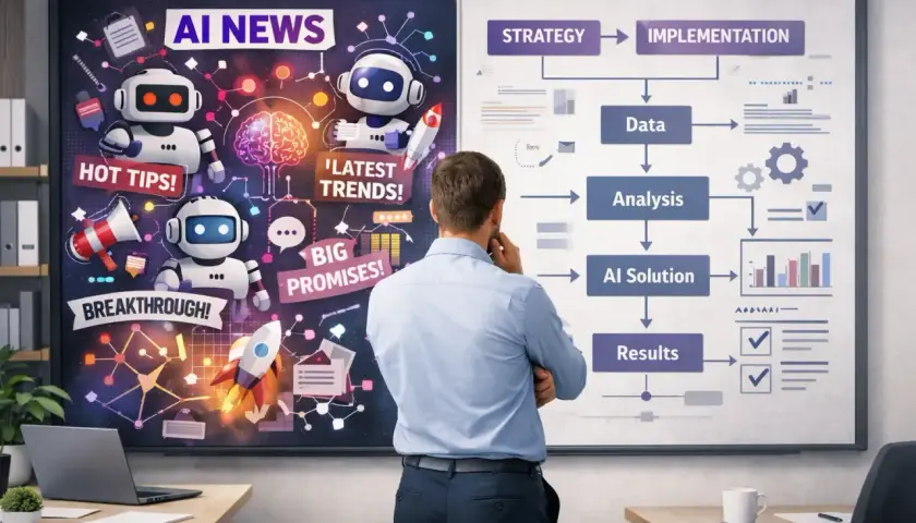Mężczyzna analizuje tablicę z informacjami o ai sztucznej inteligencji: "AI NEWS", roboty, wykresy i proces od strategii do wyników.