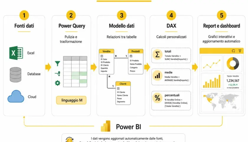 Schema che illustra come funziona Power BI: da fonti dati a report interattivi. Esempi di calcoli DAX e modellazione dati.