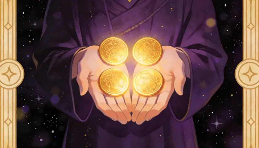 Dłonie trzymają cztery złote monety, symbolizujące bogactwo i stabilność. To karta 10 monet tarot, zapowiadająca dobrobyt.
