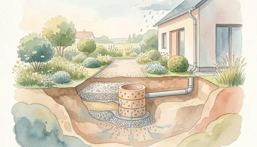 Schema zeigt, wie man eine Sickergrube baut: Regenwasser vom Haus fließt durch Rohre in eine unterirdische Kammer, wo es versickert.