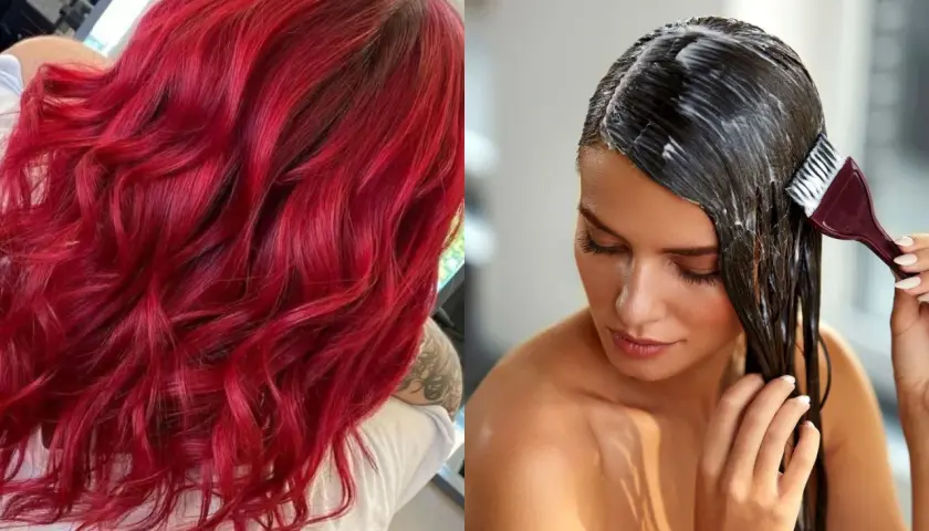 Cabello vibrante rojo intenso y una mujer aplicándose un tratamiento capilar. Un antes y después de un baño de color.