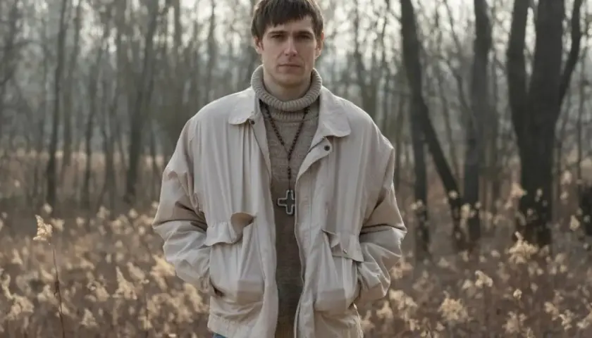 Sebastian Keller w beżowej kurtce i z krzyżem na szyi, w tle las.