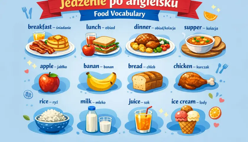 Ilustracja przedstawia różne rodzaje jedzenia po angielsku: śniadanie, obiad, kolację, jabłko, banana, chleb, kurczaka, ryż, mleko, sok i lody.