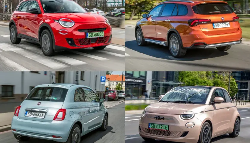 Kolaż czterech modeli Fiat: czerwony 500X, pomarańczowy Tipo kombi, błękitny 500 Hybrid i różowy elektryczny 500.