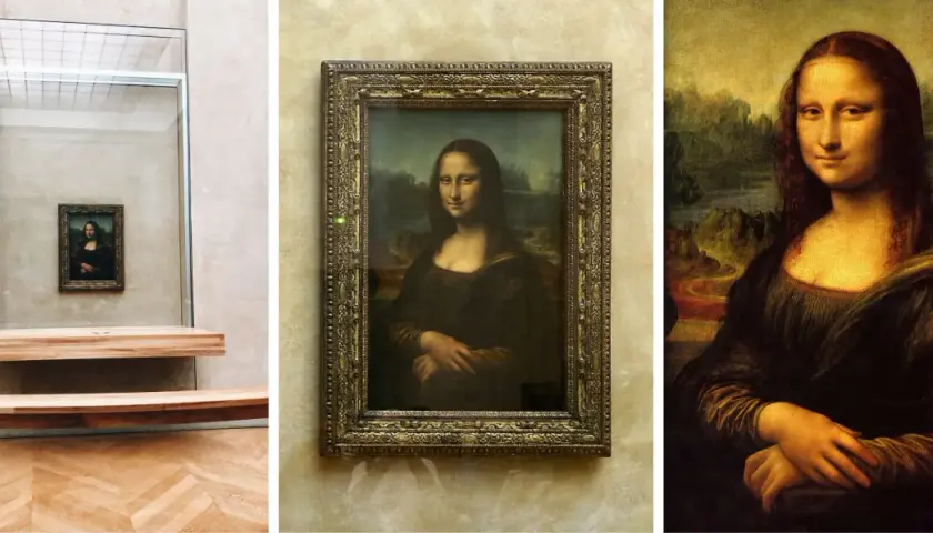 Mona Lisa w Luwrze, jeden z wielu eksponatów. Obraz Leonarda da Vinci w złotej ramie.