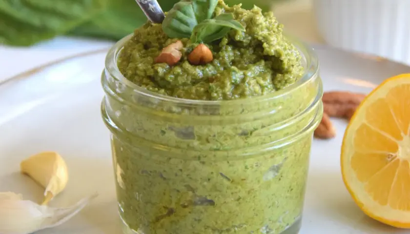 Frisches grünes Pesto in einem Glas, garniert mit Basilikum und Nüssen, daneben Knoblauch und Zitrone.