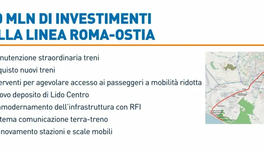 Investimenti per la linea Roma-Ostia: manutenzione, nuovi treni e miglioramenti per le fermate del trenino.