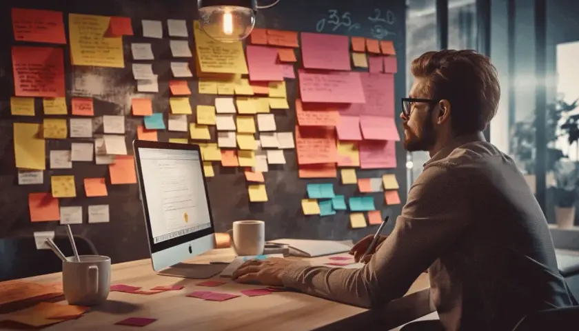 Mężczyzna przy biurku z komputerem i tablicą pełną karteczek. Planuje strategię, która opiera się na permission marketing, by zdobyć zaufanie klientów.