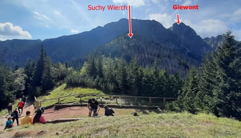 Widok na góry Suchy Wierch i Giewont. Ludzie odpoczywają na szlaku, podziwiając sarnią skałę i jej wysokość.