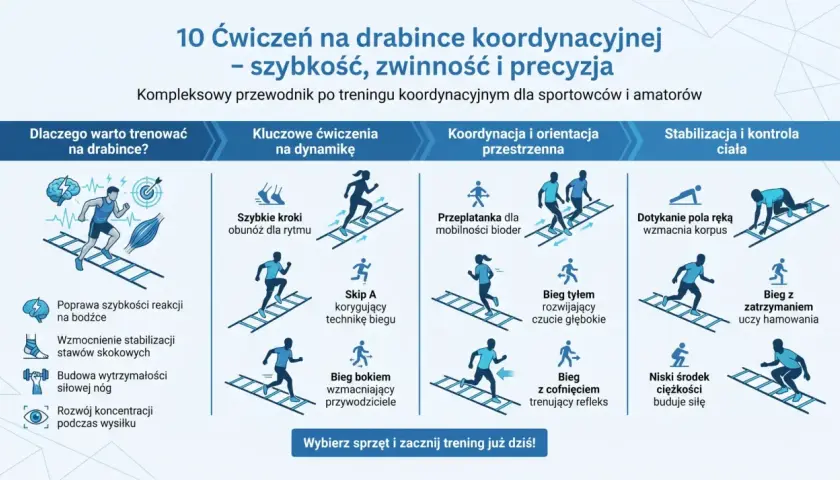 Ilustracja pokazuje 10 ćwiczeń na drabince koordynacyjnej, które poprawiają szybkość, zwinność i precyzję.