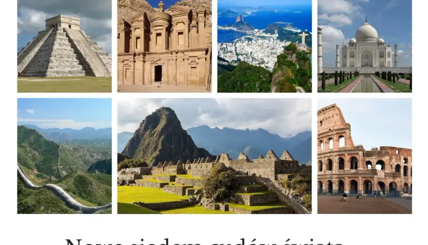 Kolekcja 7 cudów świata UNESCO: piramida Chichen Itza, Petra, Rio de Janeiro, Tadź Mahal, Wielki Mur Chiński, Machu Picchu, Koloseum.