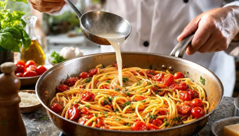 Un chef ajoute du bouillon à des spaghetti aux tomates cerises, un plat typique des recettes pâtes italiennes traditionnelles.