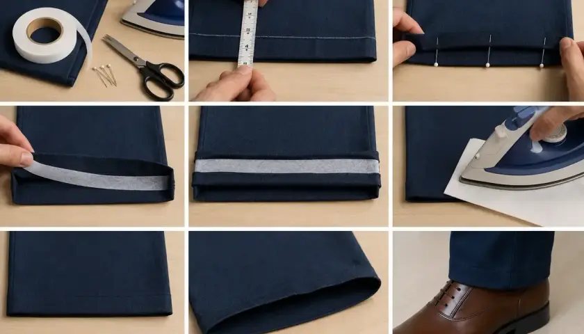 Réaliser un ourlet de pantalon facilement avec un **thermocollant sans fer à repasser**. Mesure, pliage, épingles, bande thermocollante et repassage.
