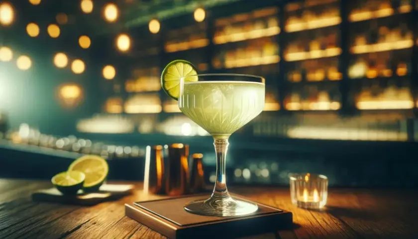 Orzeźwiający gimlet drink z plasterkiem limonki, podany w eleganckim kieliszku na tle rozmytego baru.
