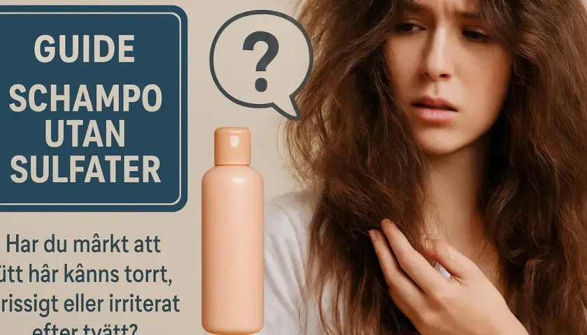 En kvinna med torrt, frissigt hår ser fundersam ut bredvid en flaska sulfatfritt schampo. En guide om schampo utan sulfater.