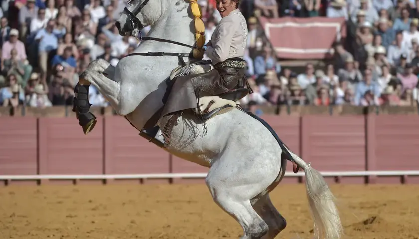 Lea Vicens, jinete en un caballo blanco encabritado, saluda a la multitud en una plaza de toros.
