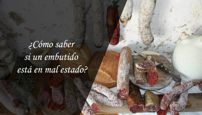 Variedad de embutidos, algunos con moho, pan y ajos. El texto pregunta: "¿Cómo saber si un embutido está en mal estado?".