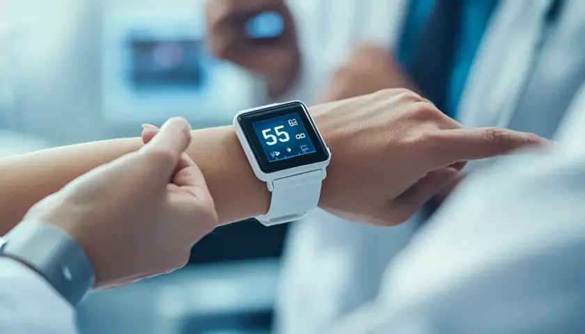 Biały smartwatch pokazuje 55 uderzeń na minutę, monitorując tętno spoczynkowe.