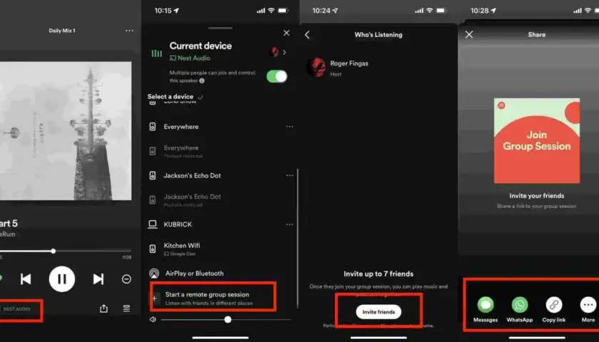 Trzy ekrany aplikacji Spotify pokazujące tworzenie sesji grupowej i udostępnianie linku.
