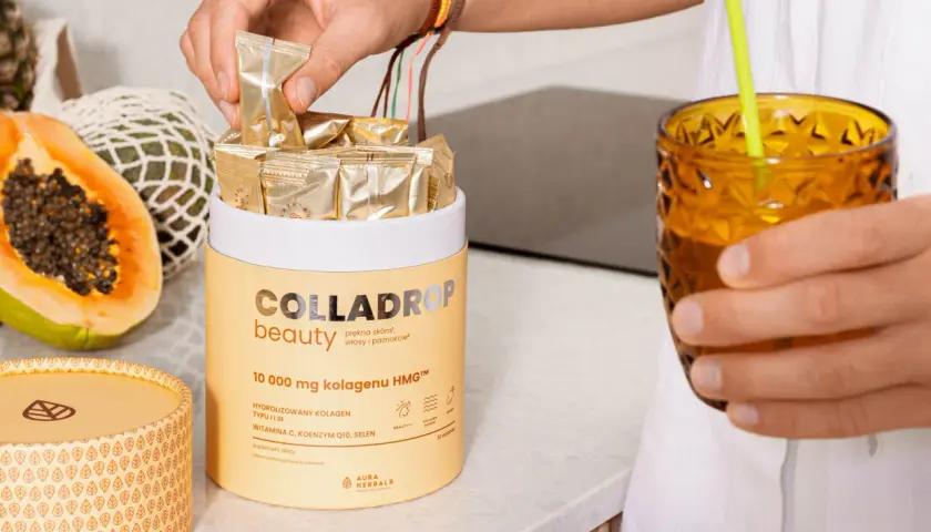 Szukasz najlepszego kolagenu w proszku? Collagen Beauty od Aura Herbals to 10 000 mg kolagenu HMG™ w saszetkach, z witaminą C, koenzymem Q10 i selenem.