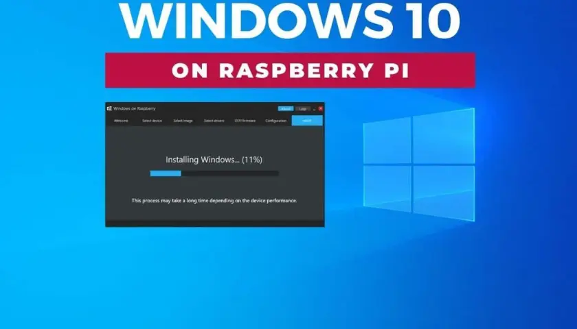Installation de Windows 10 sur Raspberry Pi 4, avec une barre de progression à 11%.