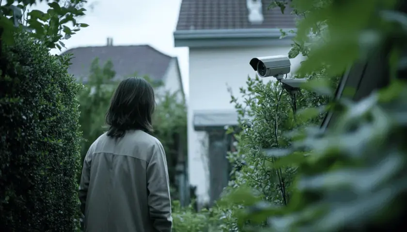 Une personne se tient dans un jardin, regardant une caméra de surveillance. La scène évoque la réglementation sur les caméras de surveillance du voisin.
