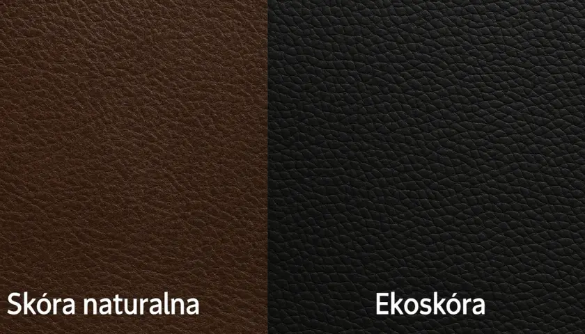 Dwa rodzaje materiałów: brązowa skóra naturalna i czarna ekoskóra, porównanie faktur.