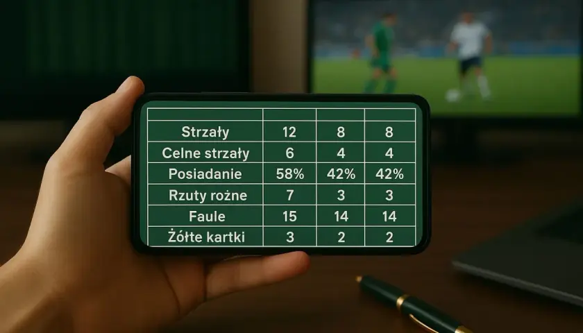 Analiza la liga – statystyki meczowe na ekranie telefonu: strzały, posiadanie piłki, faule.