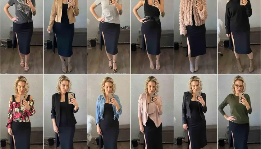 Kobieta prezentuje 12 stylizacji z czarną sukienką. Pokazuje, co do sukienki na wierzch, od kurtek po swetry i bluzki.