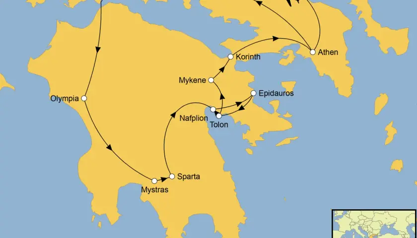 Karte von Griechenland mit Reiseroute: Athen, Delphi, Korinth, Mykene, Epidaurus, Nafplion, Tolon, Sparta, Mystras, Olympia. Flugzeuge markieren An- und Abreise.
