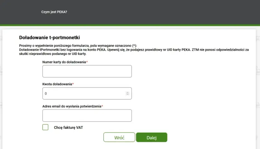 Formularz doładowania karty PEKA. Wpisz numer karty, kwotę i email, aby doładować t-portmonetkę.
