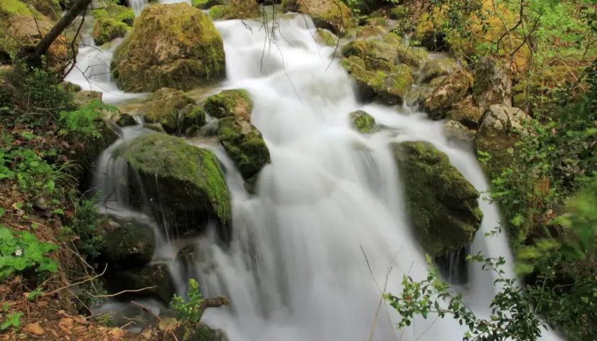 Agua blanca fluye sobre rocas cubiertas de musgo en la cascada Sant Llorenç de Morunys.