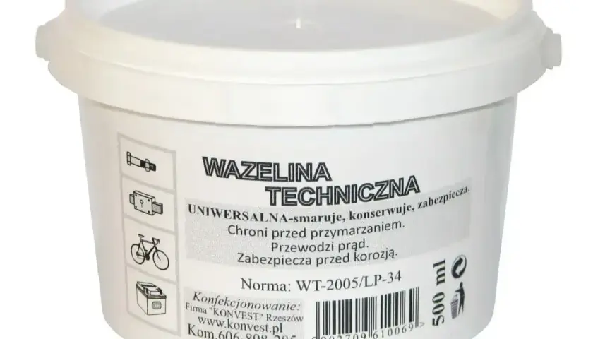 Wazelina techniczna w białym wiaderku, uniwersalna do smarowania, konserwacji i zabezpieczania. Idealna do rowerów, zamków i ochrony przed korozją.