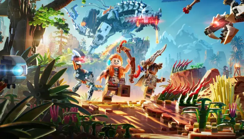 Aloy i Erend w świecie klocków Lego, gotowi na nowe lego horizon adventures. W tle ogromny mechaniczny dinozaur.