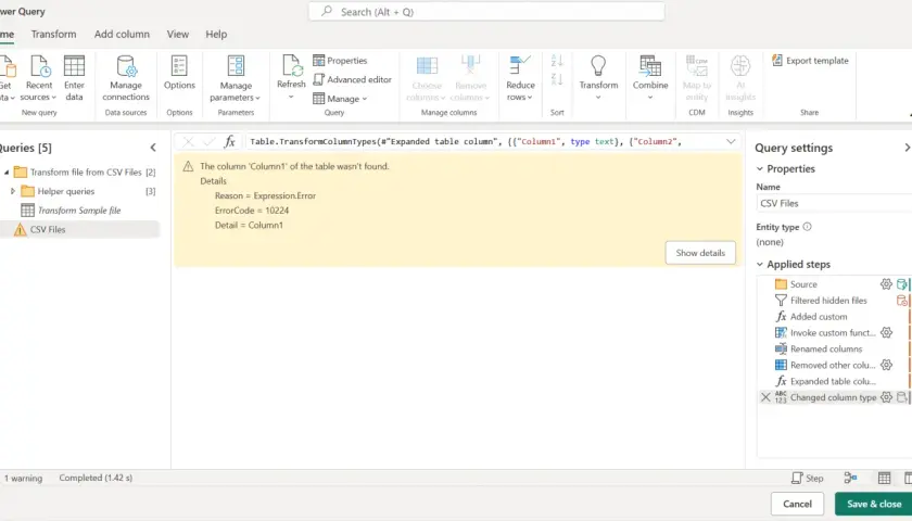 Errore in Power Query: la colonna 'Column1' non trovata durante la trasformazione di un file CSV in Excel.