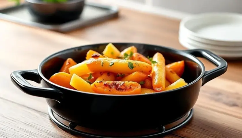 Carottes rôties dans un plat noir, parfait pour savoir si peut on mettre une assiette au four. Délicieux et appétissant.