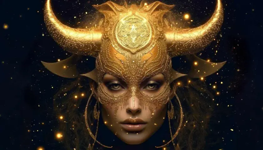 Złota maska z rogami byka, symbolizująca 30 kwietnia znak zodiaku.