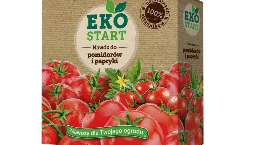 Opakowanie nawozu "EKO START" do pomidorów i papryki, z soczystymi pomidorami na pierwszym planie. Szukasz informacji, jaki nawóz do pomidorów forum poleca?