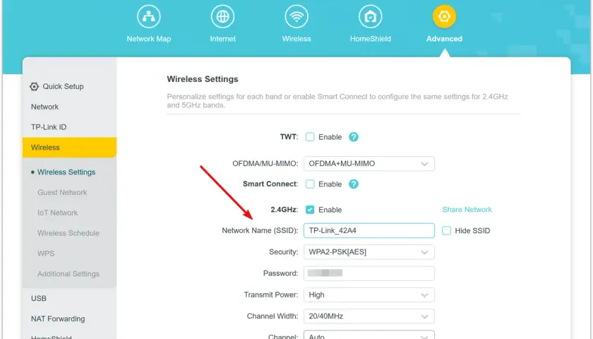 Ustawienia sieci Wi-Fi: nazwa sieci (SSID) to "TP-Link_42A4". Zobacz, co to jest SSID i jak je zmienić.