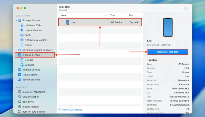 Program Disk Drill pomaga odzyskać usunięte zdjęcia z iPhone'a. Wybrano urządzenie "Lex".