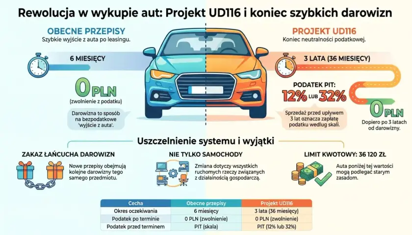 Porównanie przepisów dot. darowizny samochodu po leasingu: obecne 6 miesięcy 0 PLN vs projekt UD116 3 lata.
