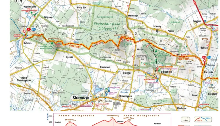 Mapa szlaku turystycznego główny szlak świętokrzyski, z zaznaczonymi punktami, odległościami i profilami terenu.