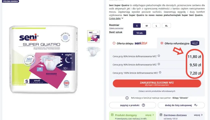 Pieluchomajtki Seni Super Quatro dostępne z refundacją NFZ. Sprawdź ceny z dofinansowaniem, np. 7,20 zł przy 100% limicie.