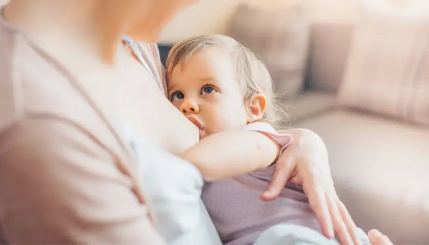 Bambina di 18 mesi allattata al seno, un momento intimo di nutrimento e amore.