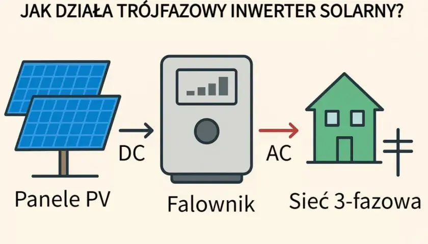 Schemat działania trójfazowego inwertera fotowoltaicznego: panele PV produkują prąd stały (DC), który falownik przetwarza na prąd zmienny (AC) dla sieci 3-fazowej.