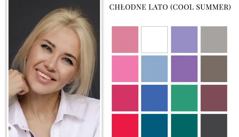 Kobieta o chłodnym typie urody lato, prezentująca paletę barw do stylizacji.