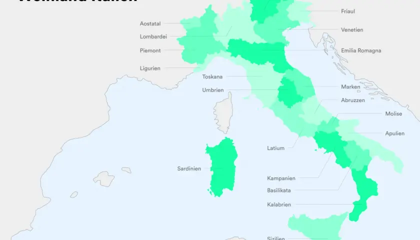 Karte von Italien mit hervorgehobenen Weinregionen. Von Aostatal bis Sizilien, jede Region repräsentiert ein Stück italienischer Weinkultur.