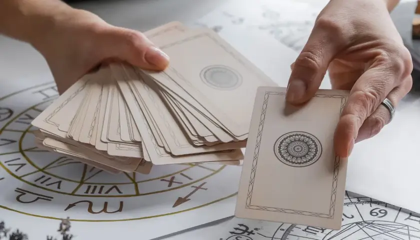Dłonie trzymają talię kart, jedna karta z symetrycznym wzorem jest wyciągnięta. W tle widać astrologiczny krąg, jakby do wróżby z kart **high priestess tarot**.