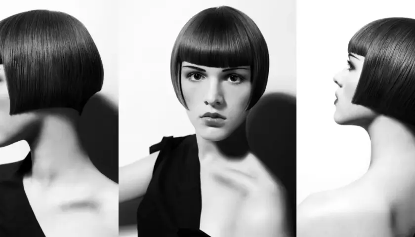 Tres vistas de un corte de pelo bob recto y pulido con flequillo recto.